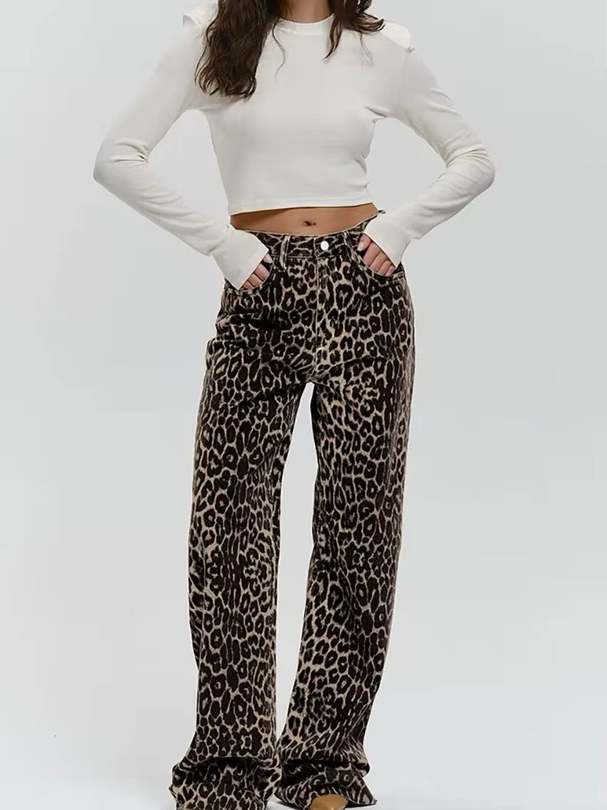 Image of Amanda | Women's High-Waisted Leopard Print Wide Leg Jeans