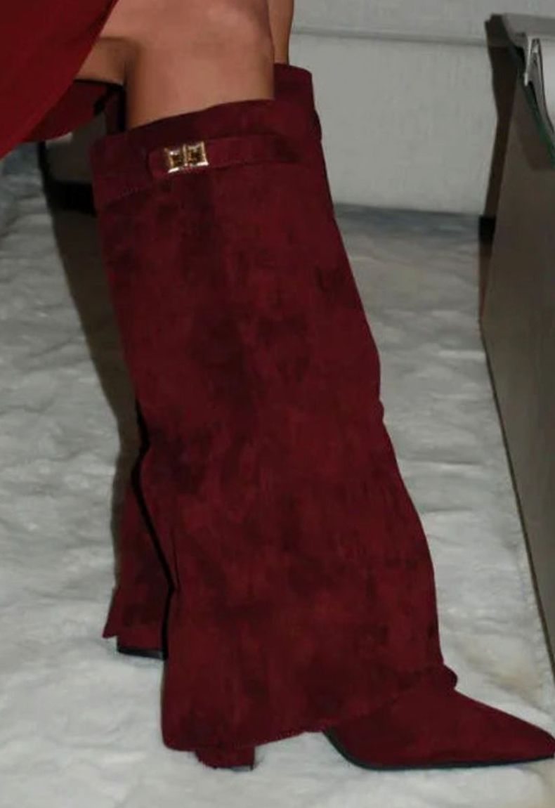 Women's Suede Knee-High Buckle Strap Wedge Boots