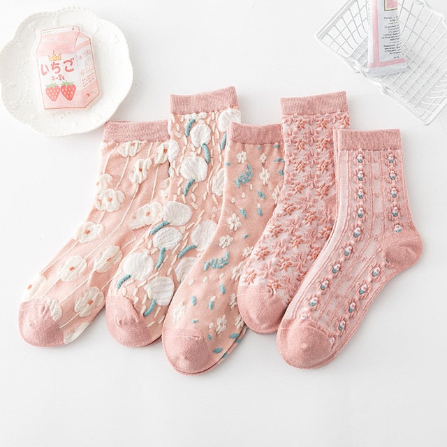 5 Pairs of Vintage-Style Floral Embroidered Socks