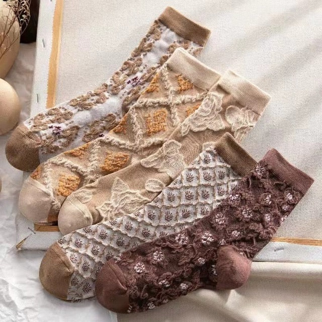 5 Pairs of Vintage-Style Floral Embroidered Socks