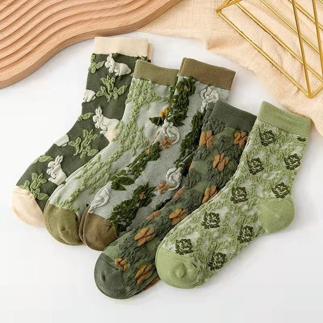 5 Pairs of Vintage-Style Floral Embroidered Socks