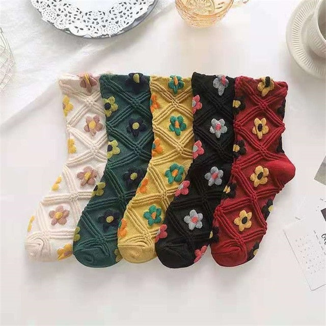5 Pairs of Vintage-Style Floral Embroidered Socks