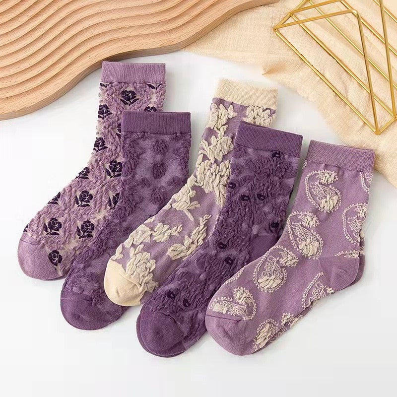 5 Pairs of Vintage-Style Floral Embroidered Socks