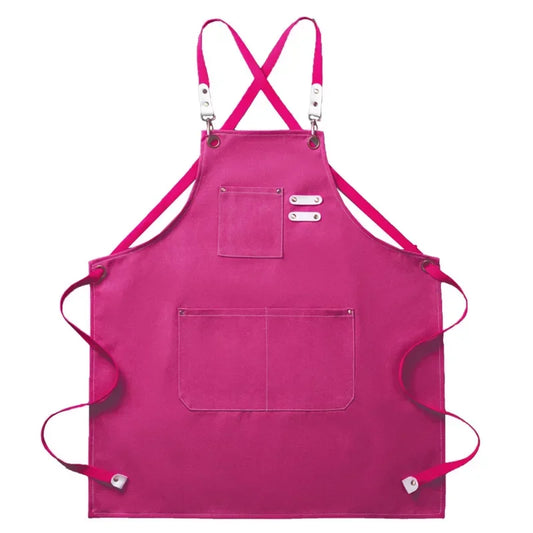 Canvas Cross-Back Chef and Utility Apron with Leather Trim and Pockets for BBQ and Workshop