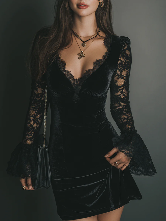 Image of Carol | Women's V-Neck Lace Mini Dress