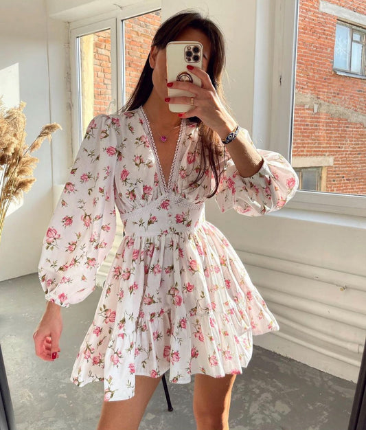 Image of Carolyn | Women's Long Sleeve V-Neck A-Line Mini Dress