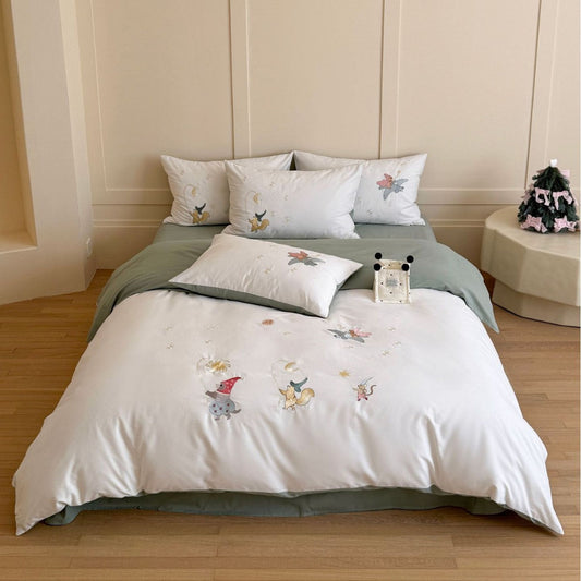 Children's Soft Cotton Sateen Bedding Set with Hand-Stitched Fairy Tale Characters