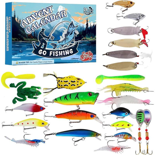 Christmas Fishing Lure Advent Calendar Blind Box Set with Minnow, Popper, and Spoons