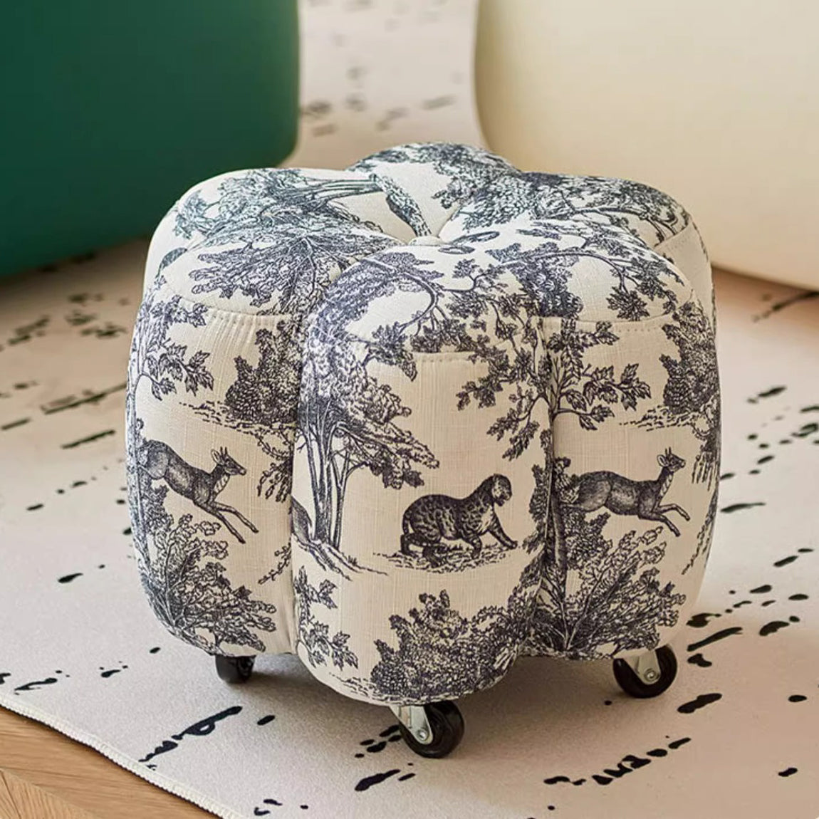 Contemporary Retro Flower Footstool with Wheels, Pine Wood Backless Armless Cotton Linen & Faux Oil-Waxed Leather Living Room Ottoman