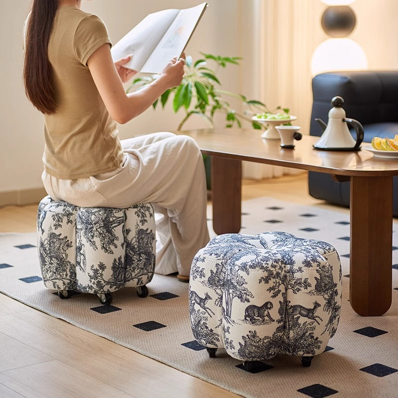 Contemporary Retro Flower Footstool with Wheels, Pine Wood Backless Armless Cotton Linen & Faux Oil-Waxed Leather Living Room Ottoman