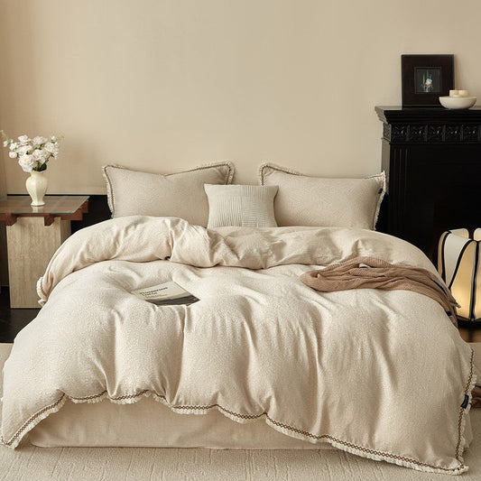 Cotton-Linen Padded Bedding Set with Quilted Blanket, Wavy Ruffle, and Decorative Embroidery