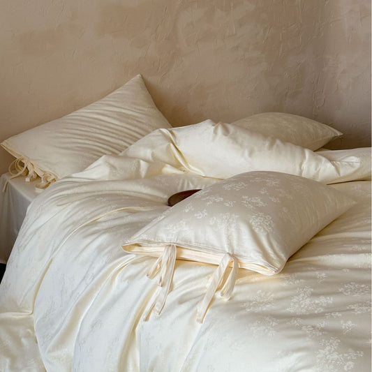 Cotton Sateen Bedding Set with Fine Jacquard Floral Texture and Bow Closure