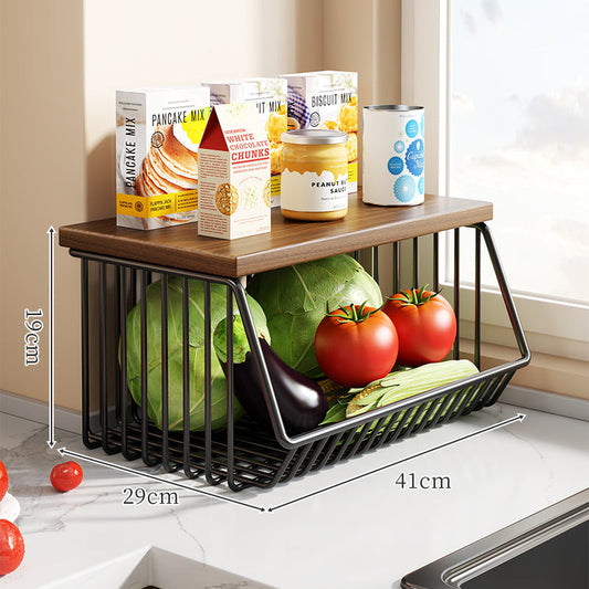 Countertop Metal Wire Fruit and Vegetable Storage Rack with Wooden Top