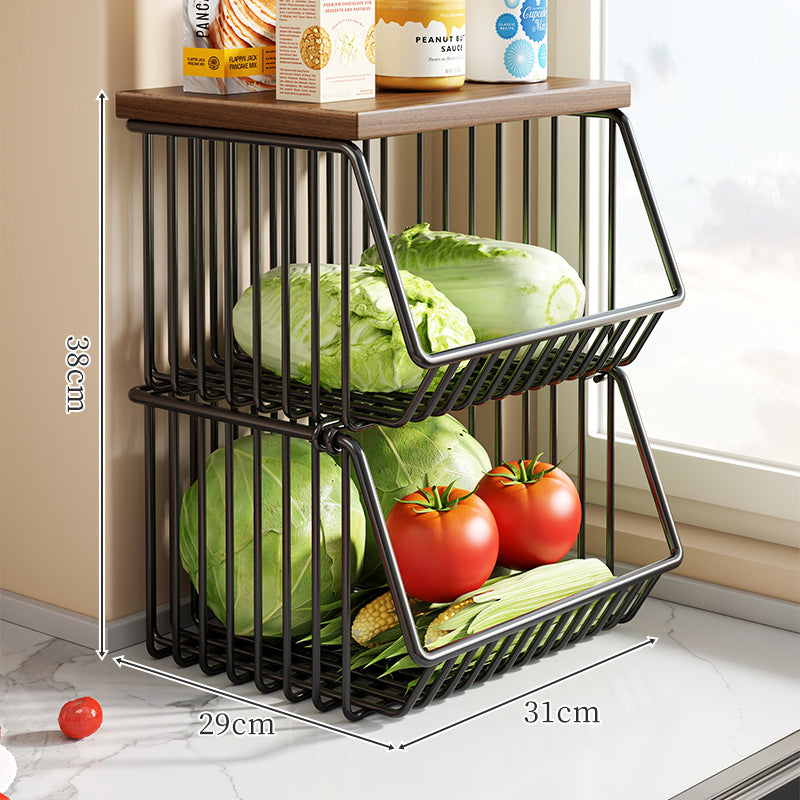 Countertop Metal Wire Fruit and Vegetable Storage Rack with Wooden Top