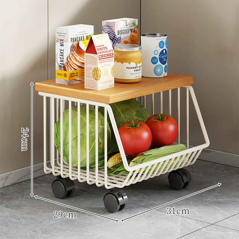Countertop Metal Wire Fruit and Vegetable Storage Rack with Wooden Top