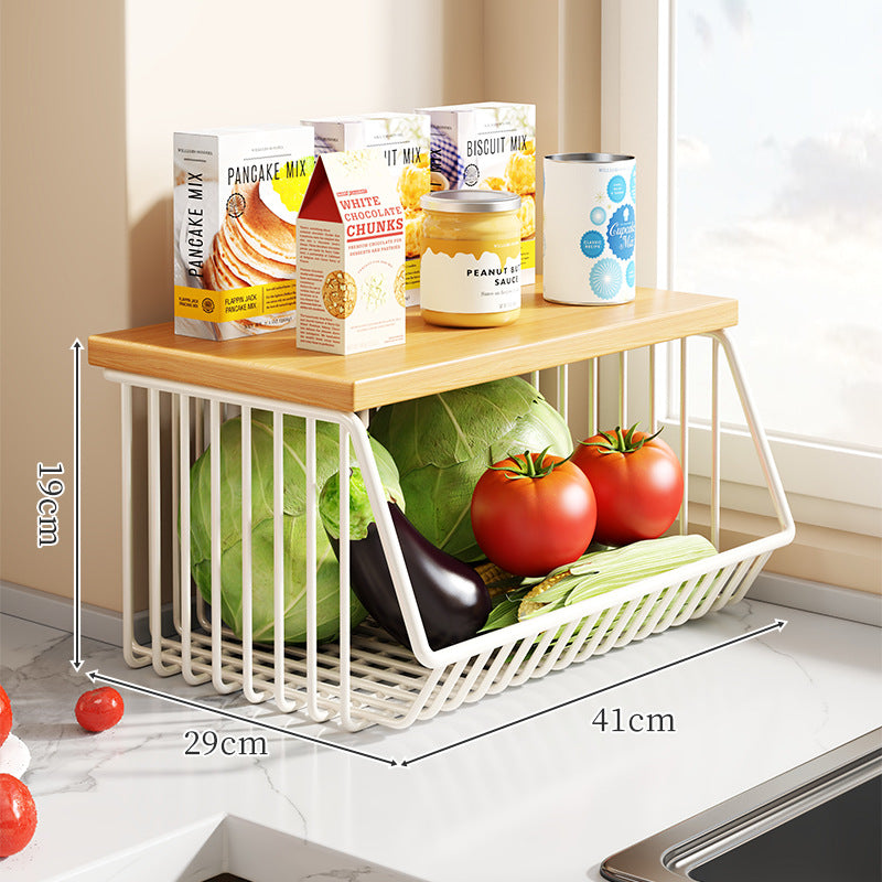 Countertop Metal Wire Fruit and Vegetable Storage Rack with Wooden Top