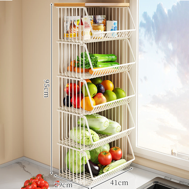 Countertop Metal Wire Fruit and Vegetable Storage Rack with Wooden Top