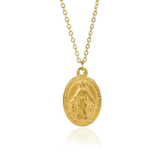 Flat Virgin Mary Pendant Necklace in Gold or Silver Plated