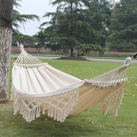 Dopiv | 200x150cm Double Outdoor Camping Tassel Canvas Hammock with Stick(White)
