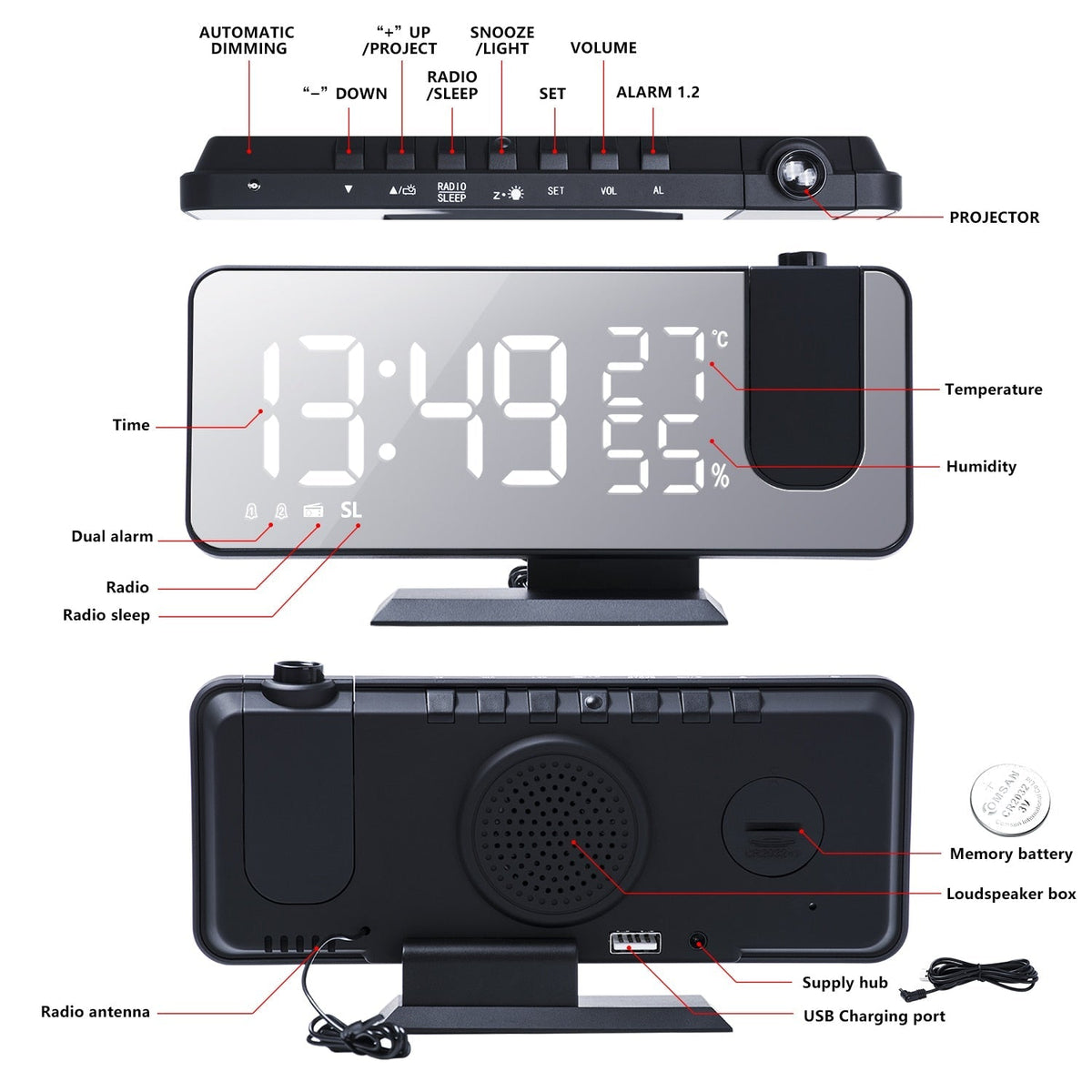 Dopiv Dopiv™ Astronatic™ | The Best Alarm Clock with LED Screen - 180° Projector - USB Charger