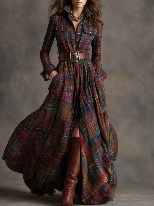 Image of Gabriella | Women's Belted Plaid Maxi Dress