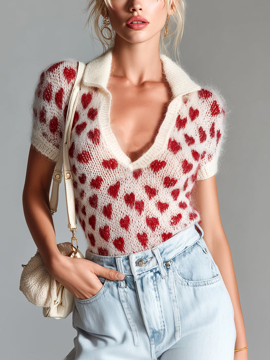 Image of Judie | Women's Heart Print Short Sleeve Sweater Polo Shirt