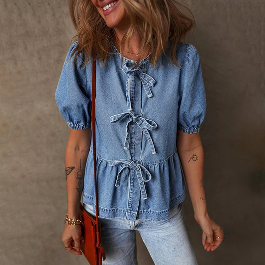 Image of Lucille | Women's Tie Front Denim Blouse