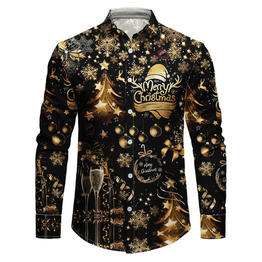 Men's Christmas Shirt with White Button-Up Front, Spread Collar and Holiday Print