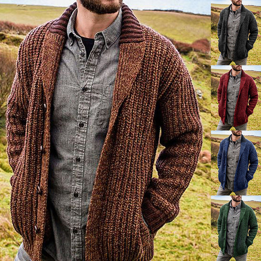 Men's Knit Cardigan with Belt and Deep Collar