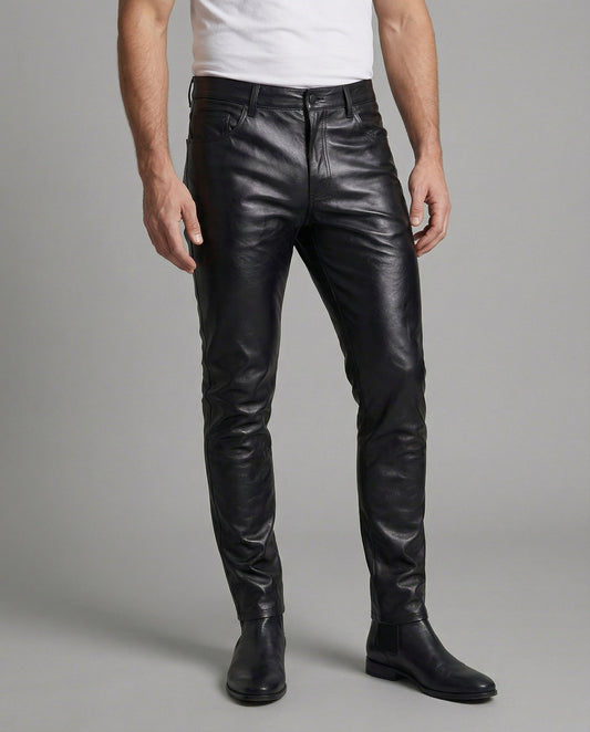 Men's Slim Fit Faux Leather Pants with Quilted Details
