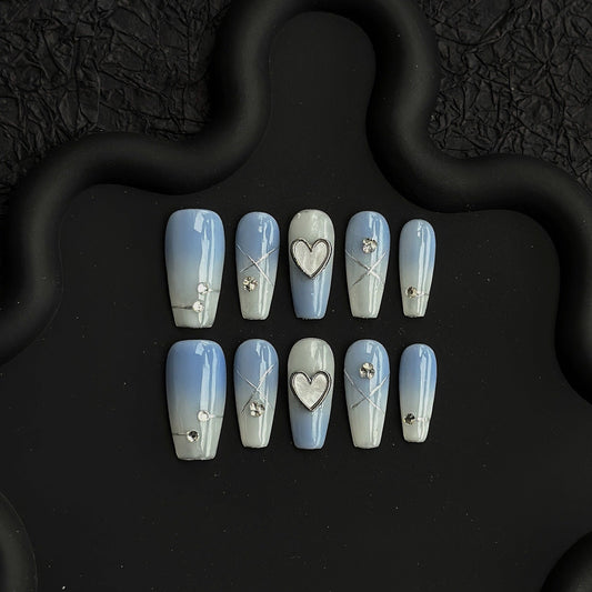 Ombré Press-On Nail Set with Heart and Gem Accents