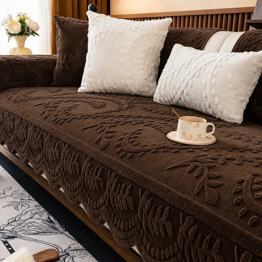 Plush Non-Slip Couch Cover with Botanical Texture