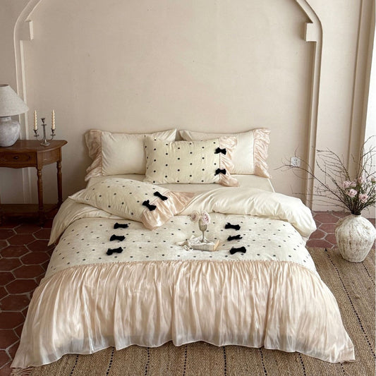Polka Dot Bedding Set with Ruffled Bed Skirt and Velvet Bows