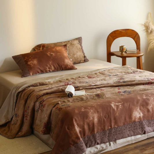 Quilted Satin Bedspread with Floral Velvet Appliqué