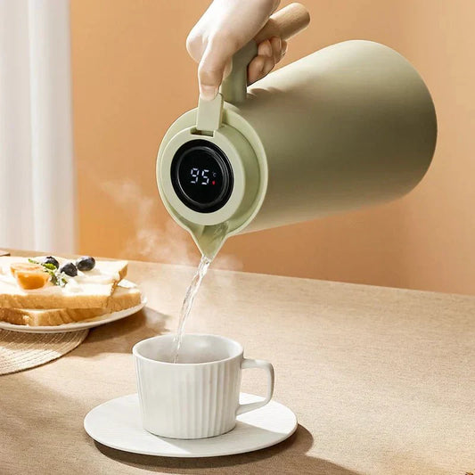 ThermoWood – Smart Insulated Thermos Jug with Digital Temperature Display & Wooden Handle
