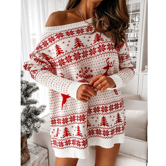 Women's Christmas Sweater – Oversized Off-the-Shoulder Sweater in Red & White, Cozy Holiday Sweater