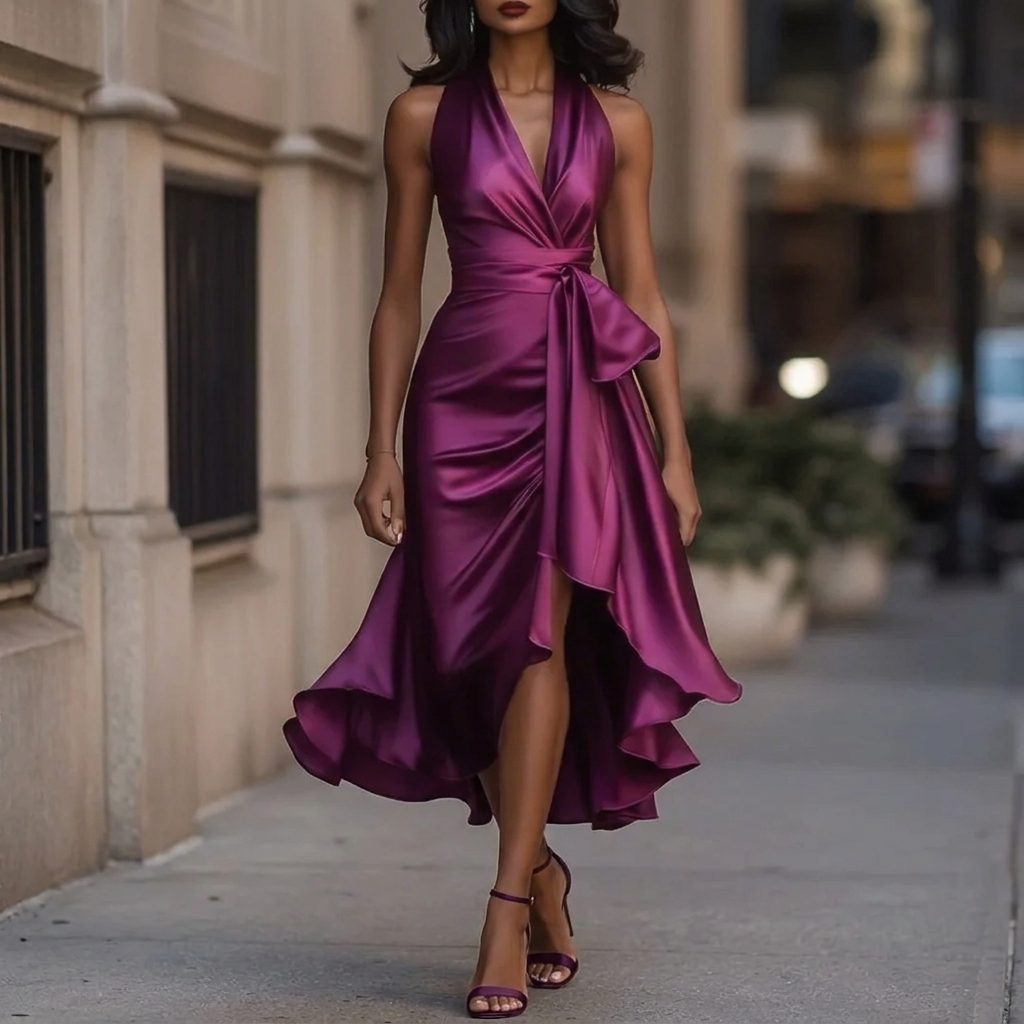 Women's Deep V-Neck Ruffle Evening Dress