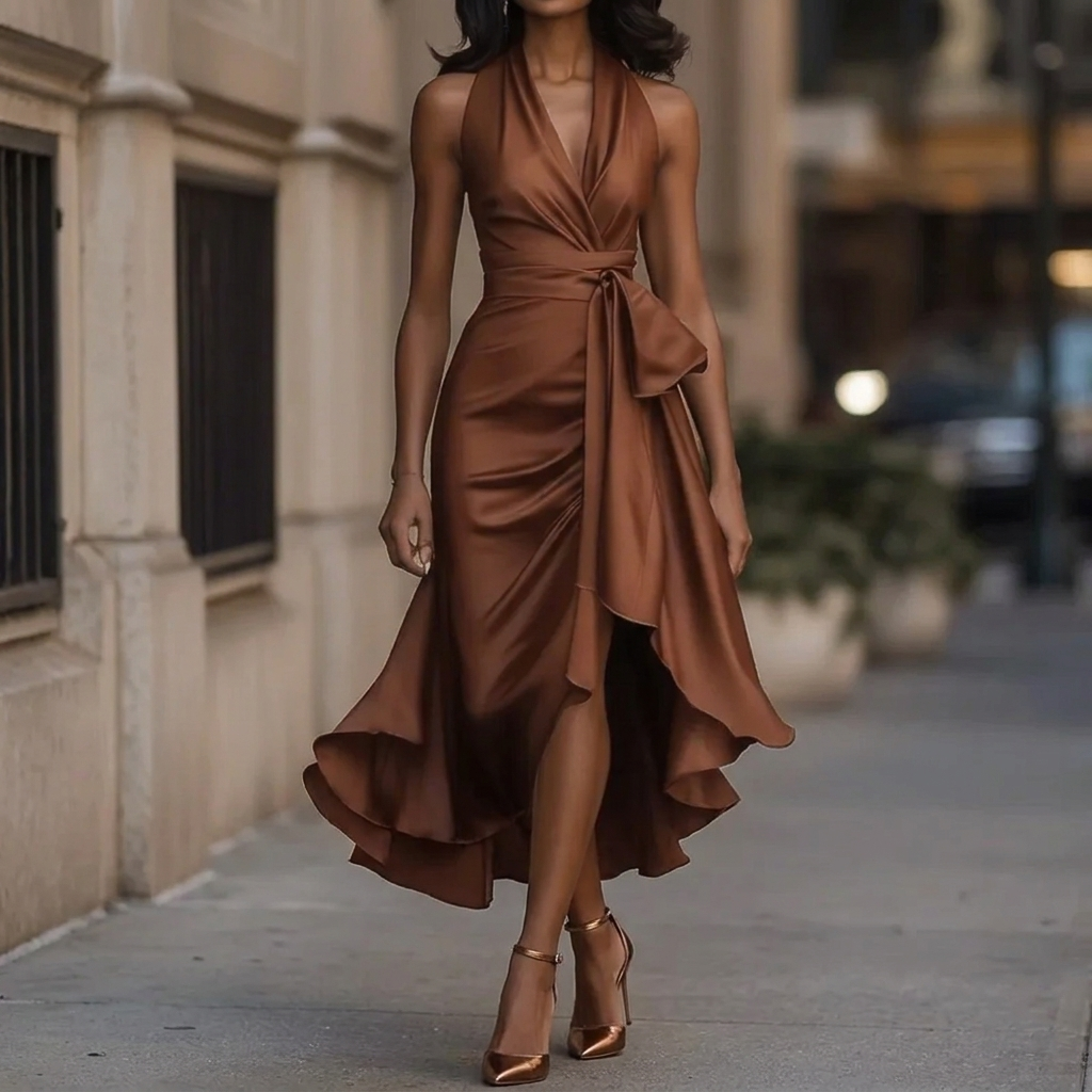 Women's Deep V-Neck Ruffle Evening Dress
