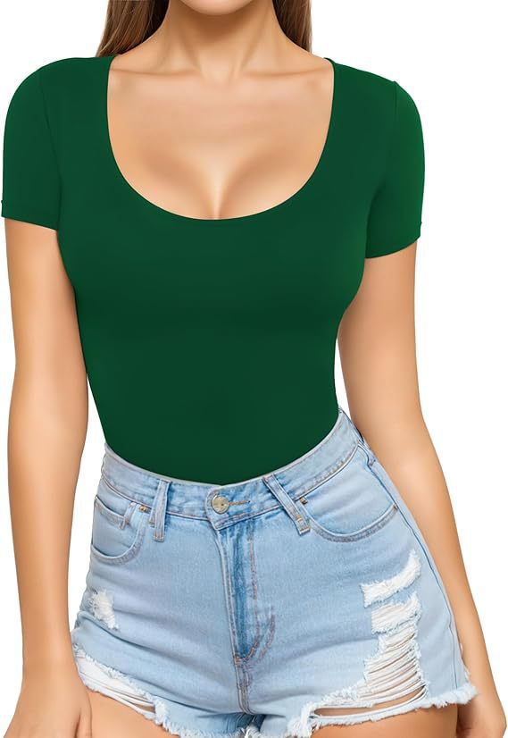 Women's Fitted Short-Sleeve Bodysuit with Scoop Neck and Seamless Design
