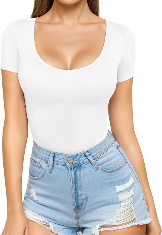 Women's Fitted Short-Sleeve Bodysuit with Scoop Neck and Seamless Design