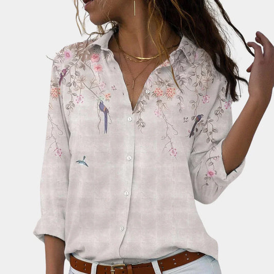 Women's Floral Bird Print Button-Up Shirt Blouse with Collared Neckline