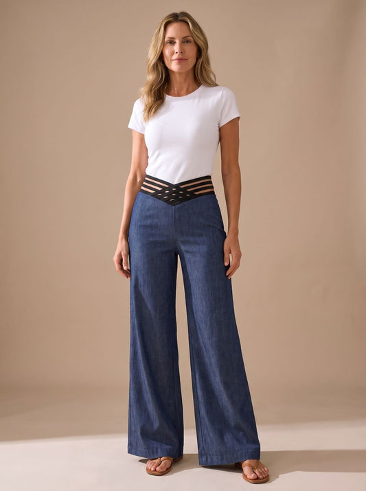 Women's High-Waist Crossover-Waistband Wide-Leg Pants