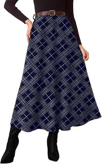 Women's High-Waisted Checked A-Line Midi Skirt with Side Pockets
