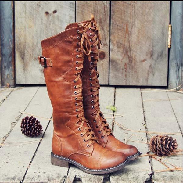 Women's Knee-High Lace-Up Leather Boots with Orthopaedic Comfort