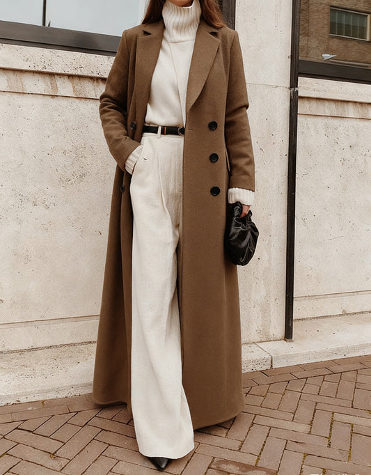 Women's Long Double-Breasted Wool Coat with Deep Pockets