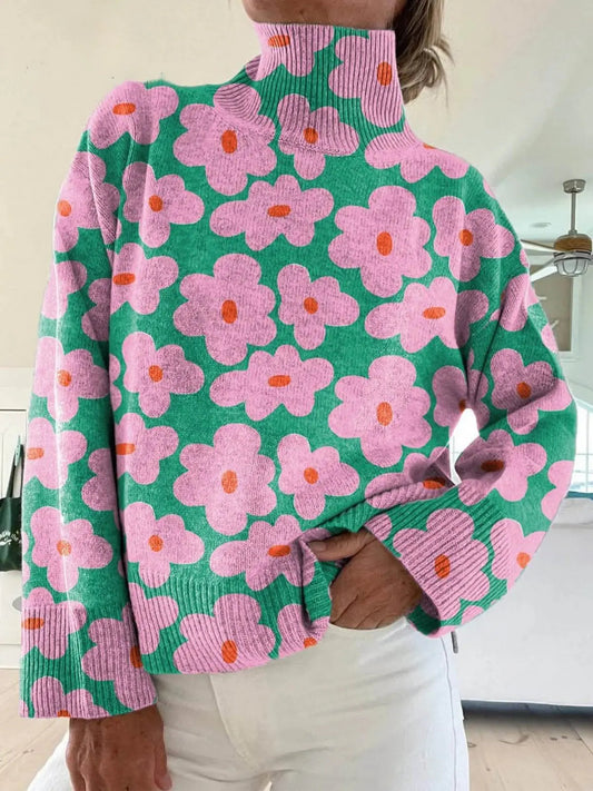 Women's Relaxed Fit Floral Mock Neck Knit Sweater