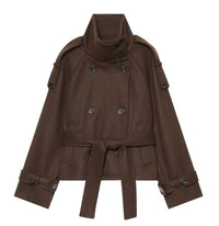 Women's Short Double-Breasted Wool Cape Coat with Stand Collar, Epaulettes, Tie Belt, and Pockets