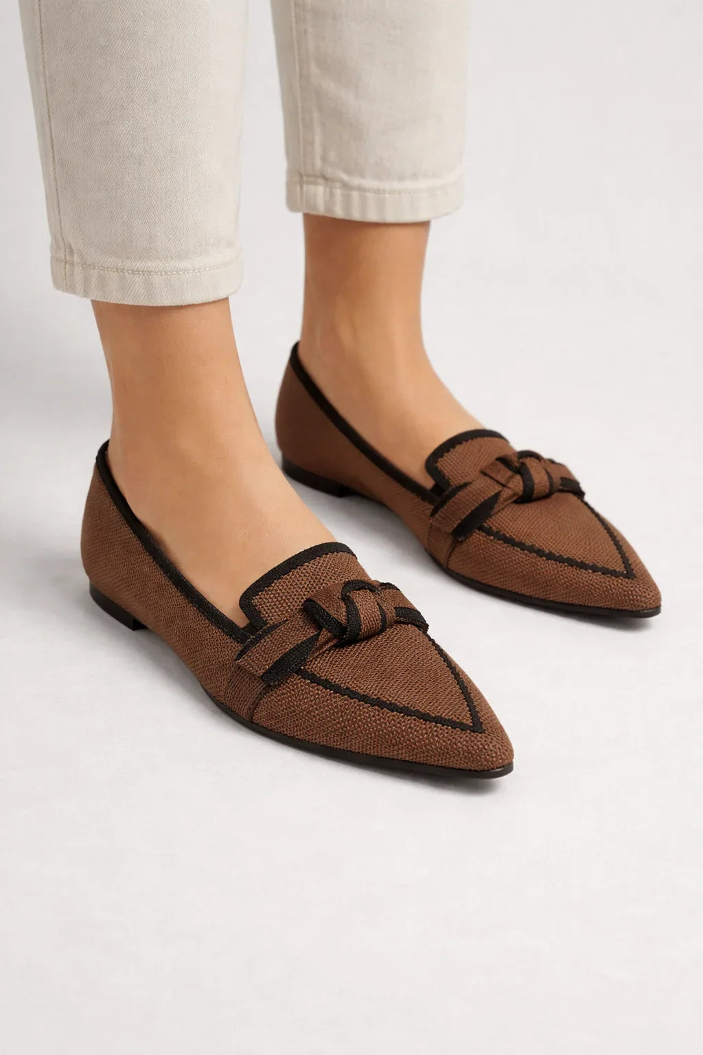 Women's Slip-On Pointed-Toe Knit Bow Loafers with Contrast Trim