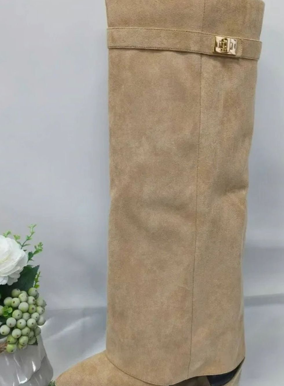 Women's Suede Knee-High Buckle Strap Wedge Boots