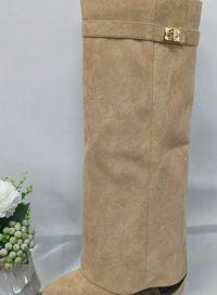 Women's Suede Knee-High Buckle Strap Wedge Boots
